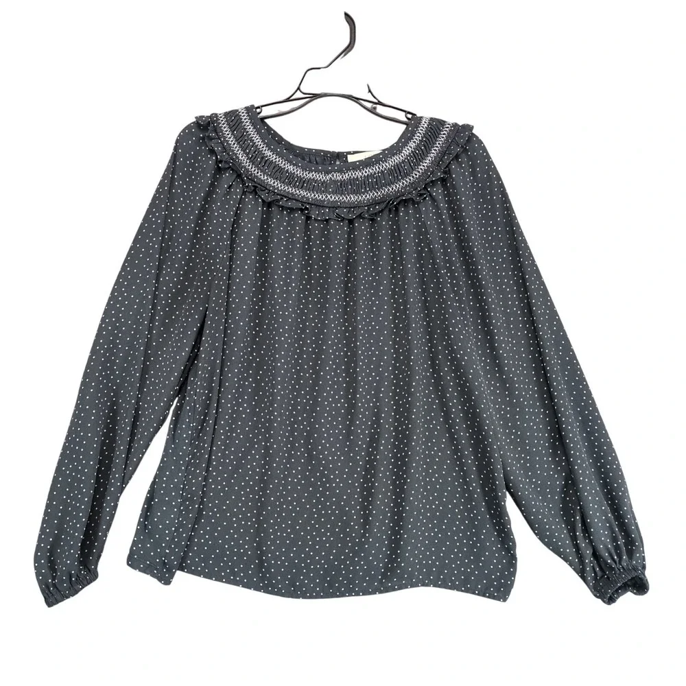 Loft Dotted Smocked Mixed Media Blouse Top Sz‎ M Gray Ruffle, Long Puff Sleeve